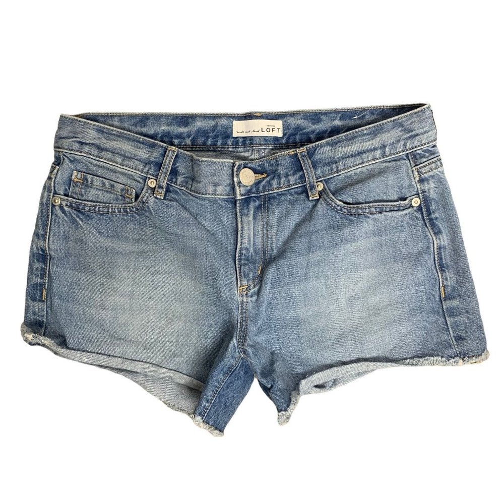 Ann Taylor Loft Cutoff Denim Shorts 27 Med Wash Cotton Pockets Button Zip - Picture 1 of 5